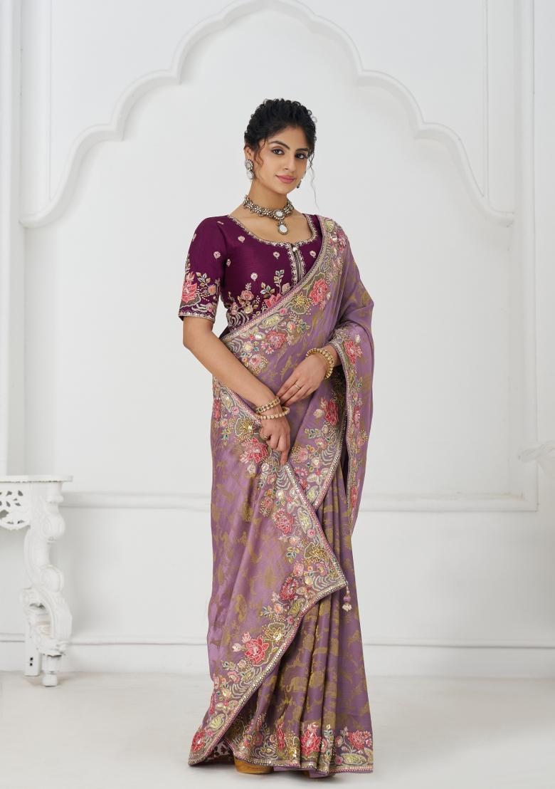 Mauve Sequin Embroidered Dola Silk Saree Set