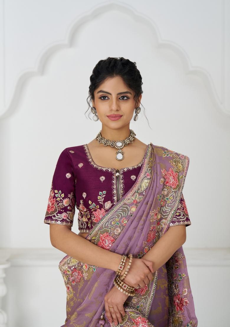 Mauve Sequin Embroidered Dola Silk Saree Set