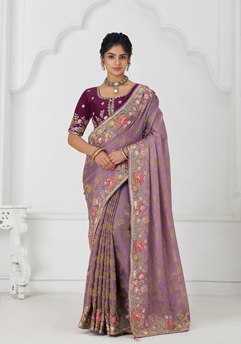 Mauve Sequin Embroidered Dola Silk Saree Set