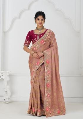 Peach Sequin Embroidered Dola Silk Saree Set