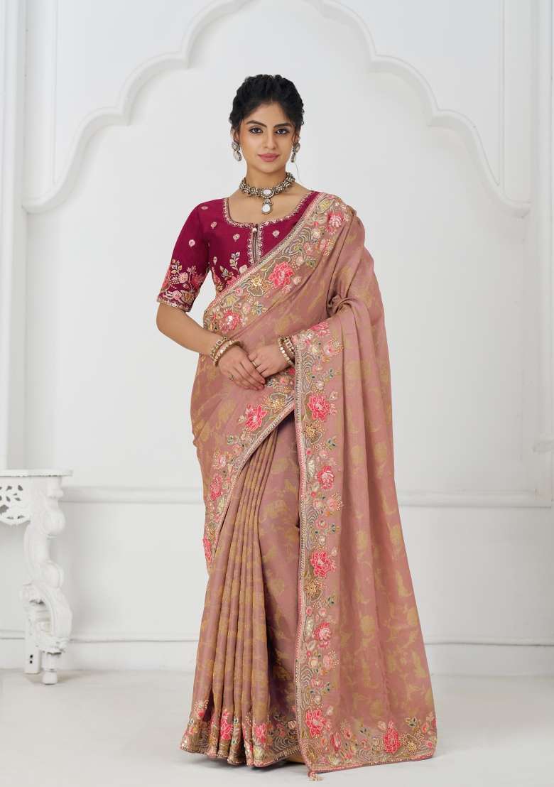 Peach Sequin Embroidered Dola Silk Saree Set - Indya