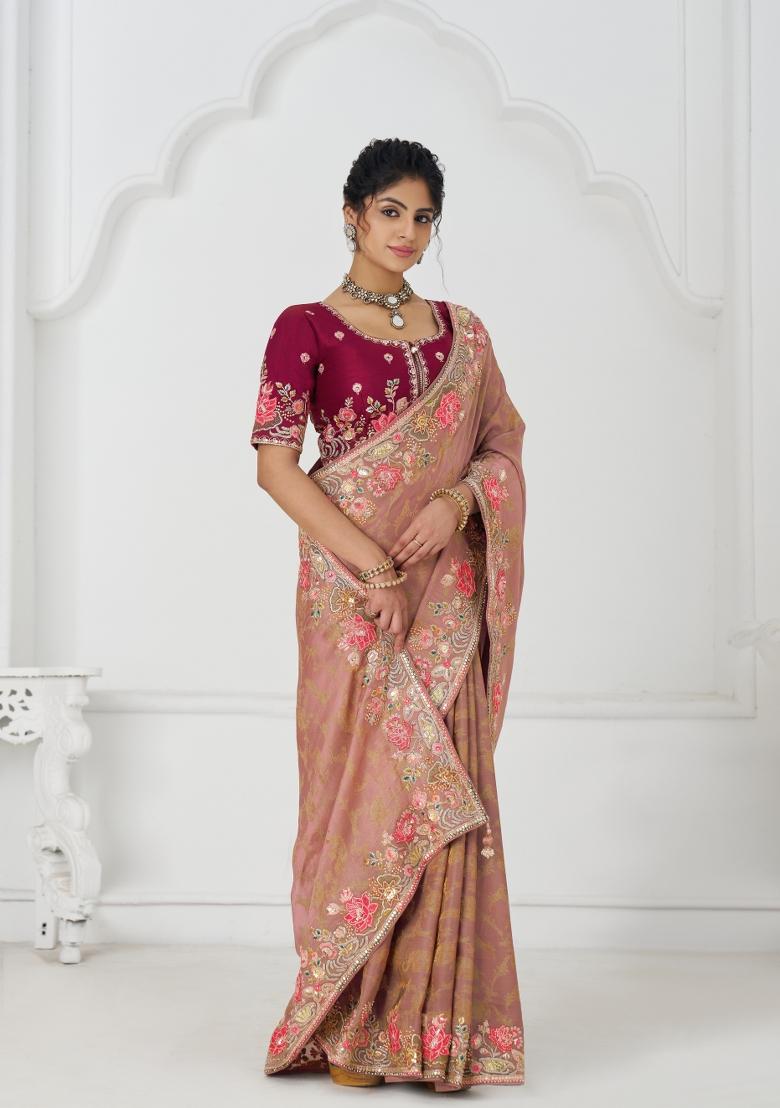 Peach Sequin Embroidered Dola Silk Saree Set