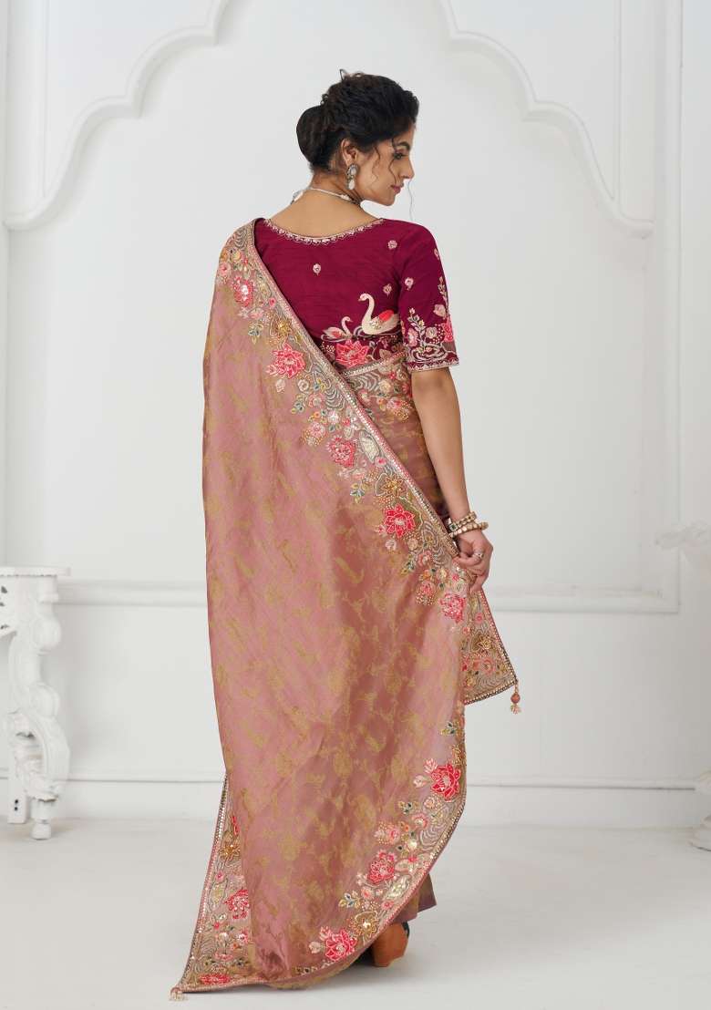 Peach Sequin Embroidered Dola Silk Saree Set - Indya