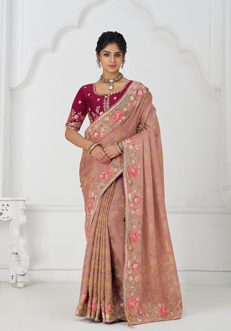 Peach Sequin Embroidered Dola Silk Saree Set