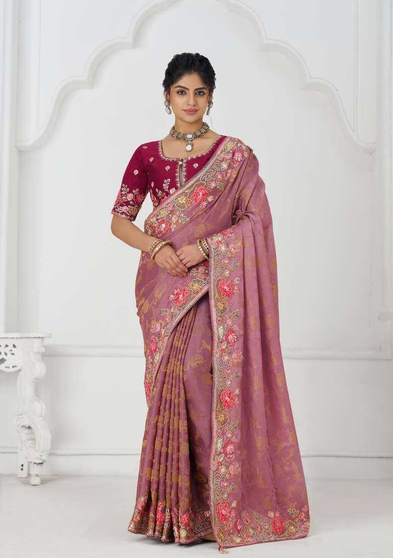 Pink Sequin Embroidered Dola Silk Saree Set - Indya