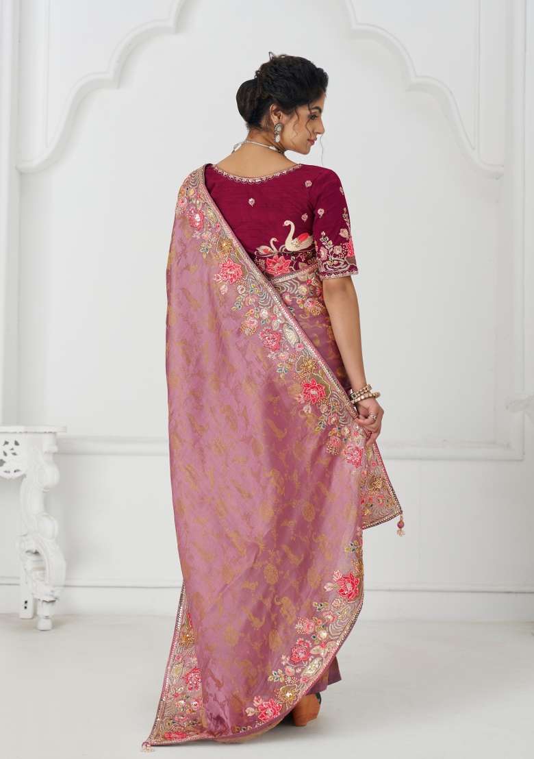 Pink Sequin Embroidered Dola Silk Saree Set - Indya