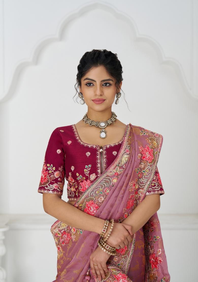 Pink Sequin Embroidered Dola Silk Saree Set