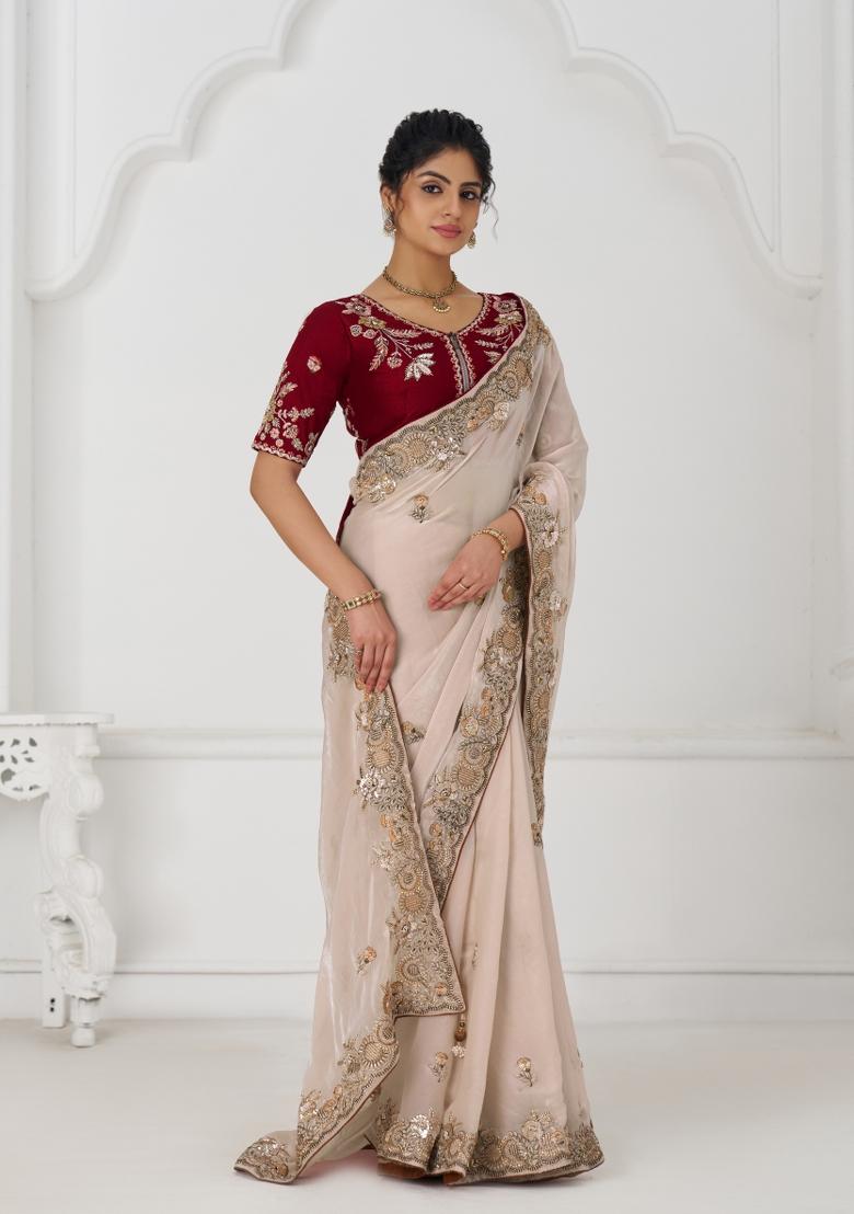 Chiku Brown Sequin Embroidered Silk Saree Set