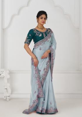 Grey Sequin Embroidered Silk Saree Set