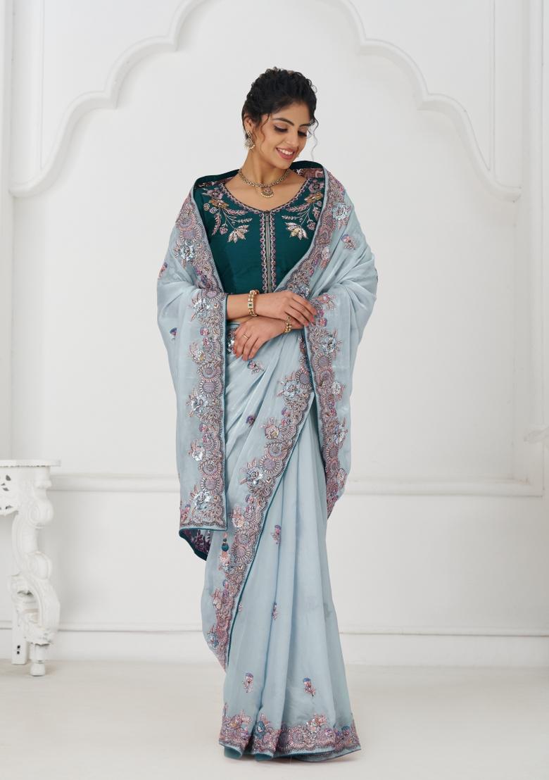 Grey Sequin Embroidered Silk Saree Set