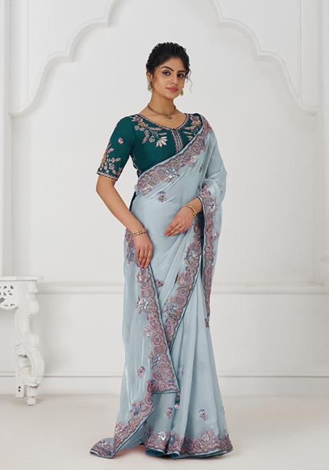 Grey Sequin Embroidered Silk Saree Set