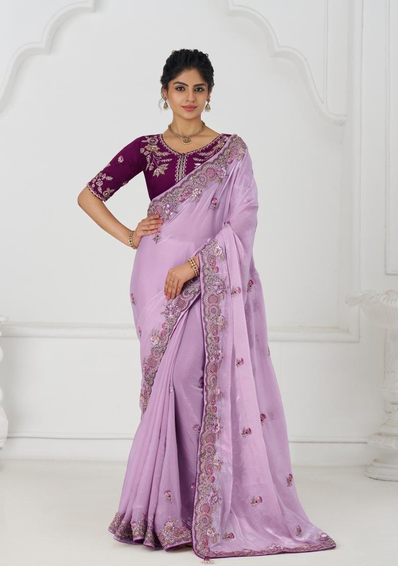 Mauve Sequin Embroidered Silk Saree Set