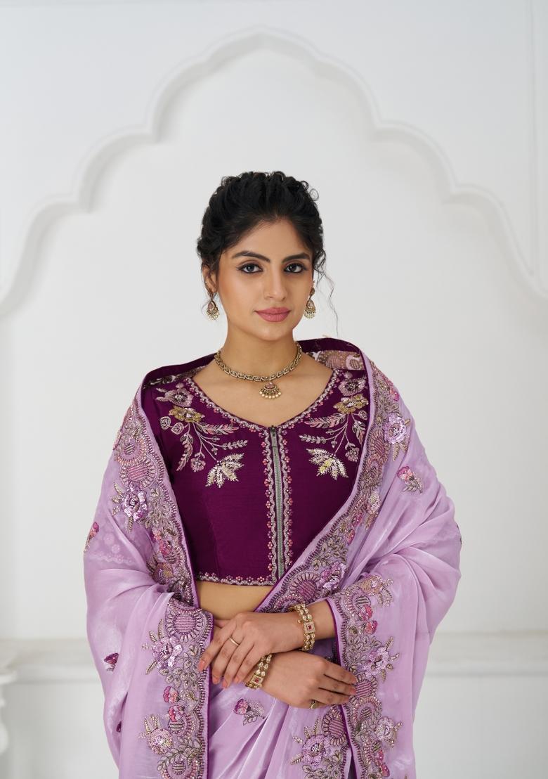 Mauve Sequin Embroidered Silk Saree Set