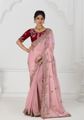 Pink Sequin Embroidered Silk Saree Set