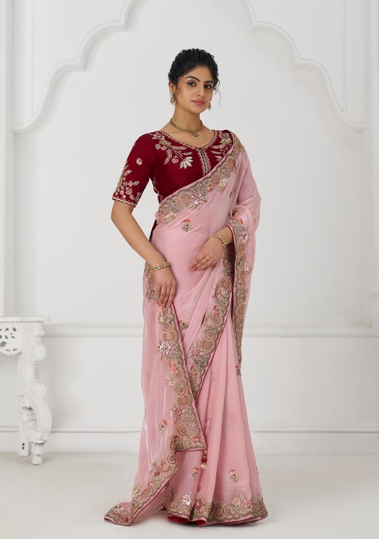 Pink Sequin Embroidered Silk Saree Set
