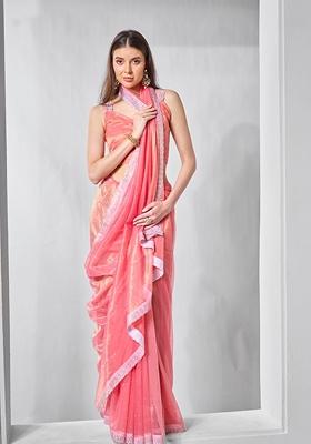 Pink Solid Tissue Saree Set