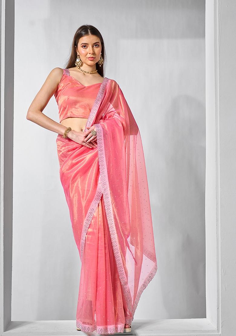 Pink Solid Tissue Saree Set