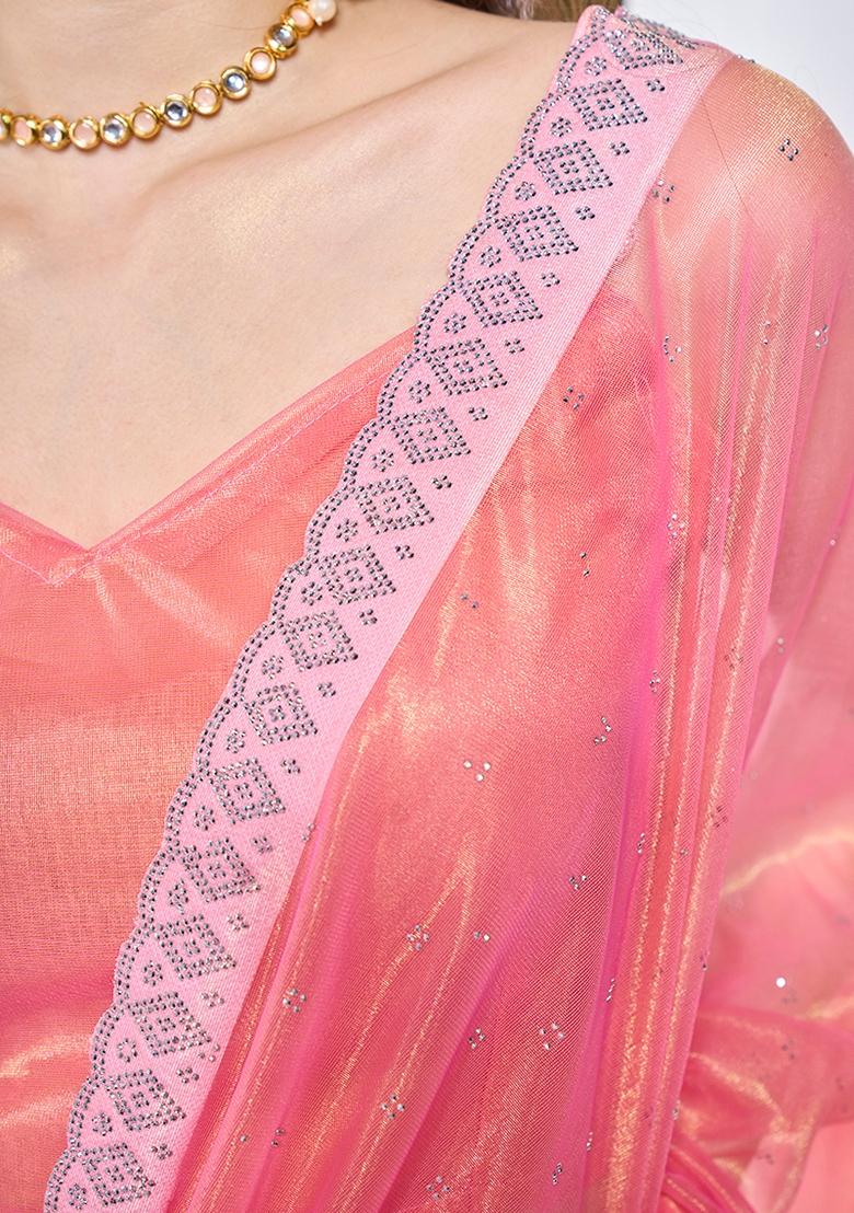 Pink Solid Tissue Saree Set