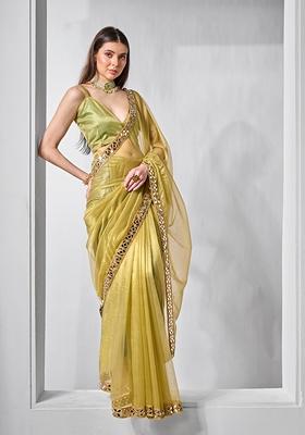 Olive Green Solid Tissue Saree Set