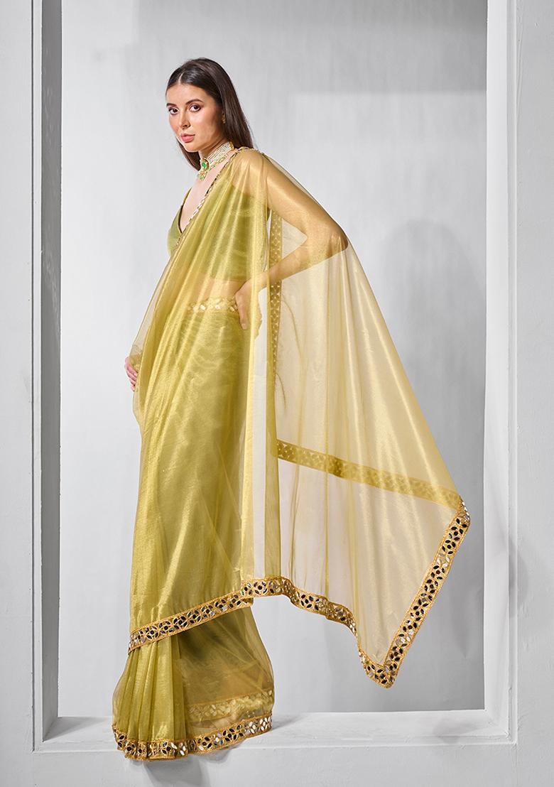 Olive Green Solid Tissue Saree Set