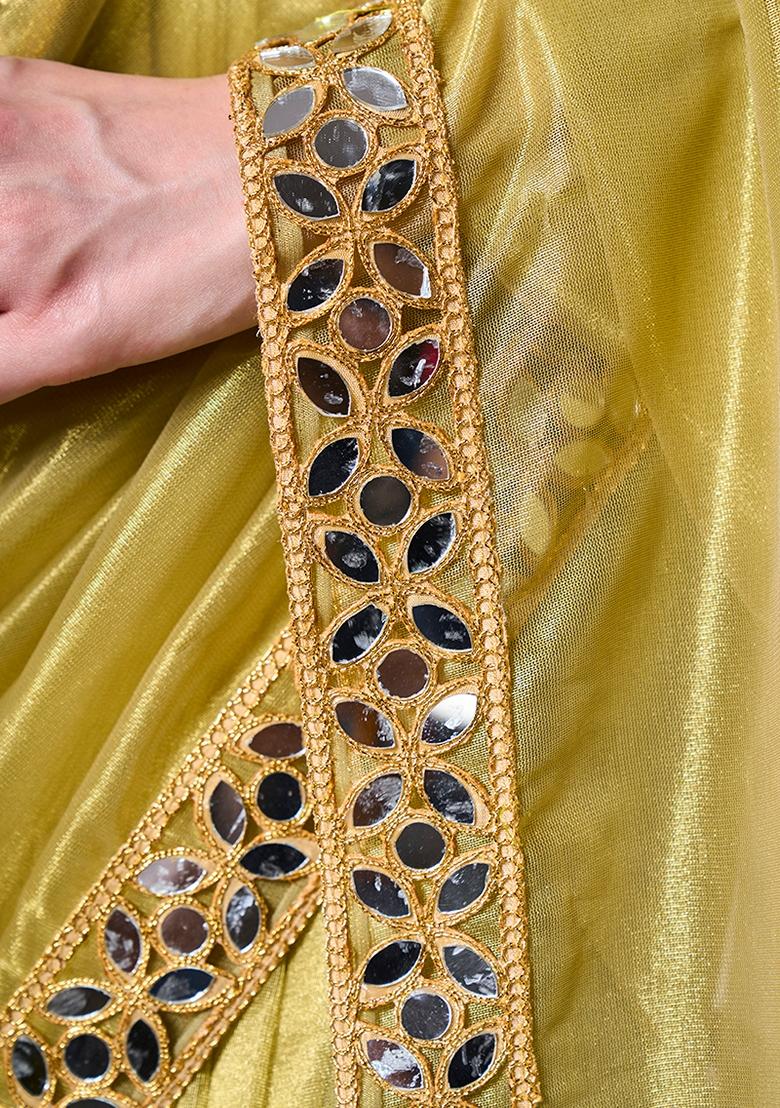 Olive Green Solid Tissue Saree Set