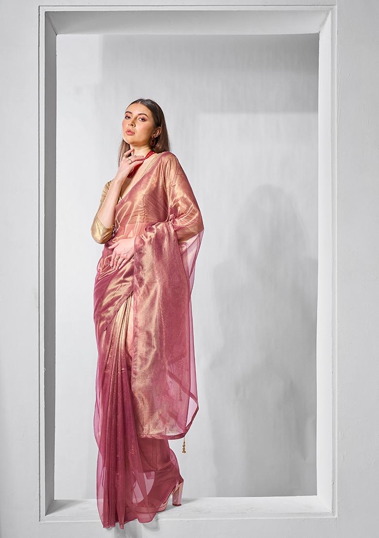 Onion Pink Solid Tissue Saree Set