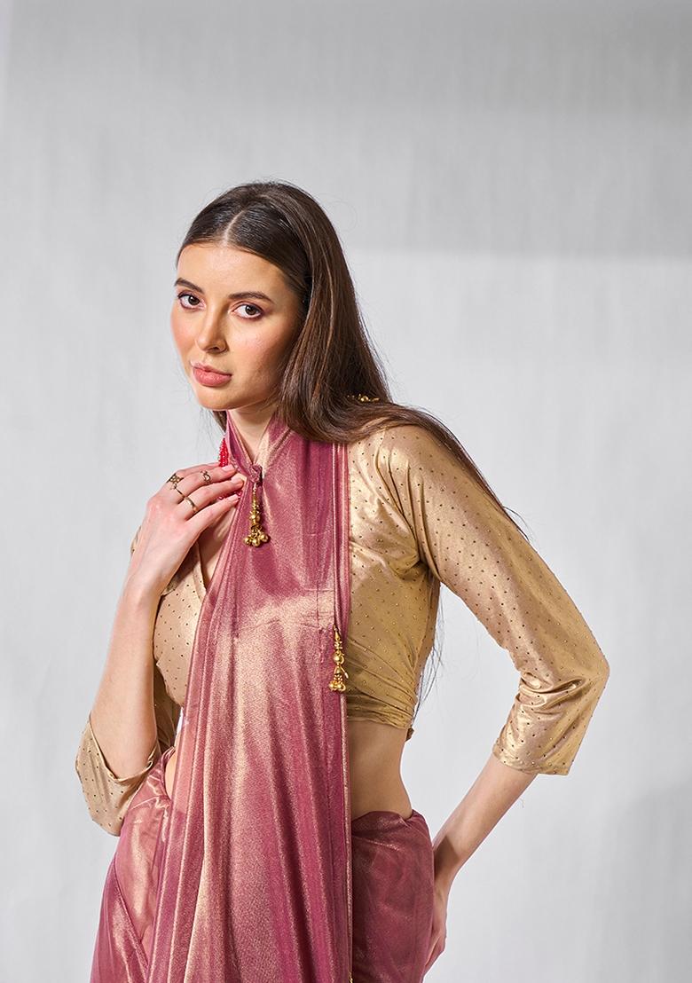 Onion Pink Solid Tissue Saree Set