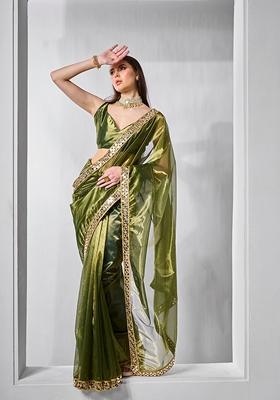 Green Solid Tissue Saree Set