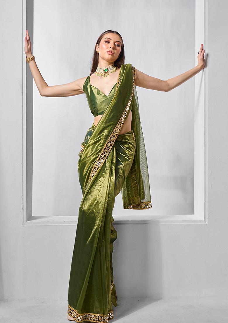 Green Solid Tissue Saree Set