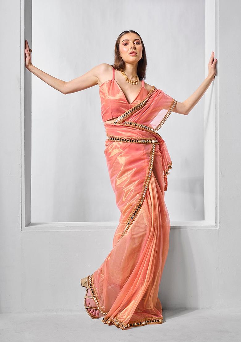 Peach Solid Tissue Saree Set