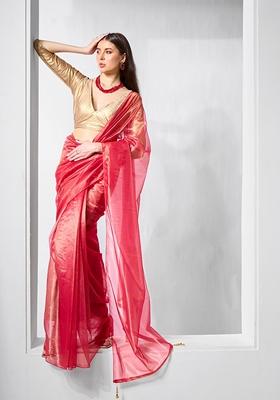Red Solid Tissue Saree Set