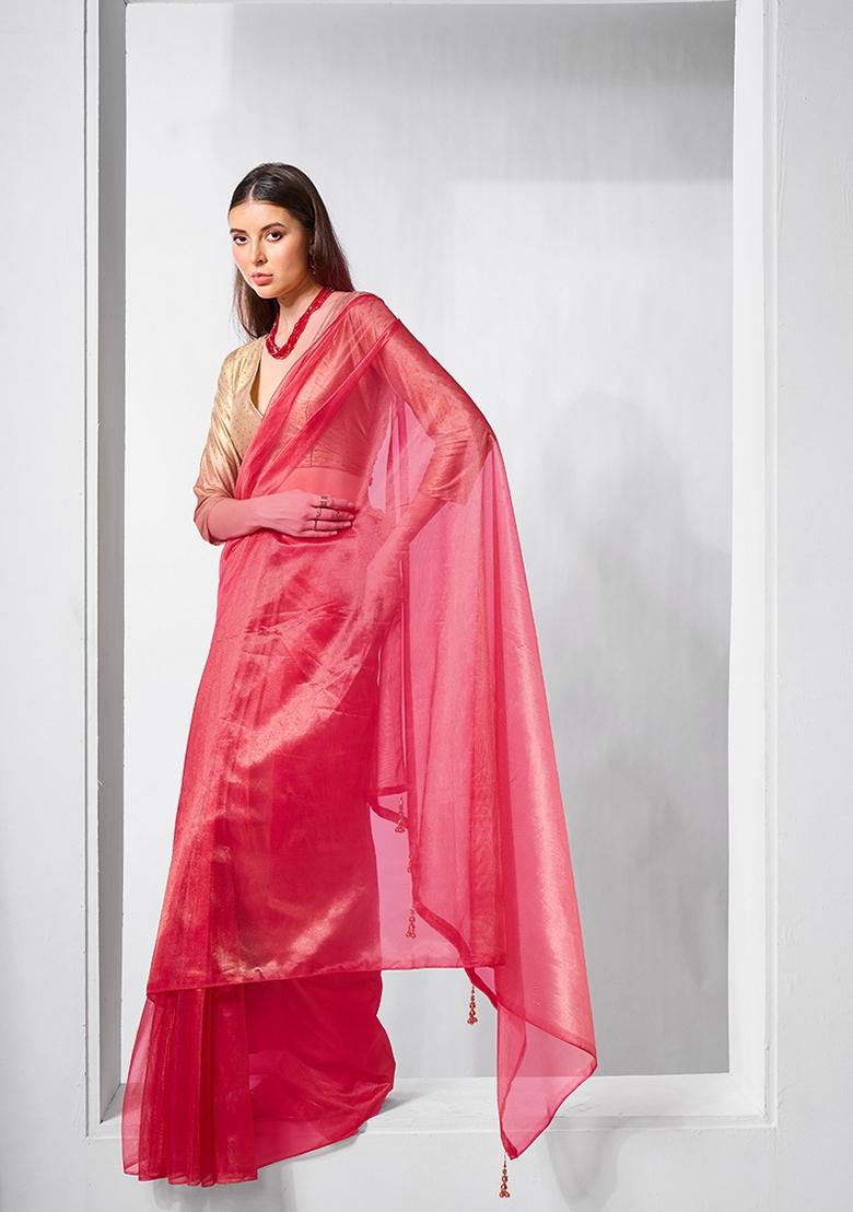 Red Solid Tissue Saree Set