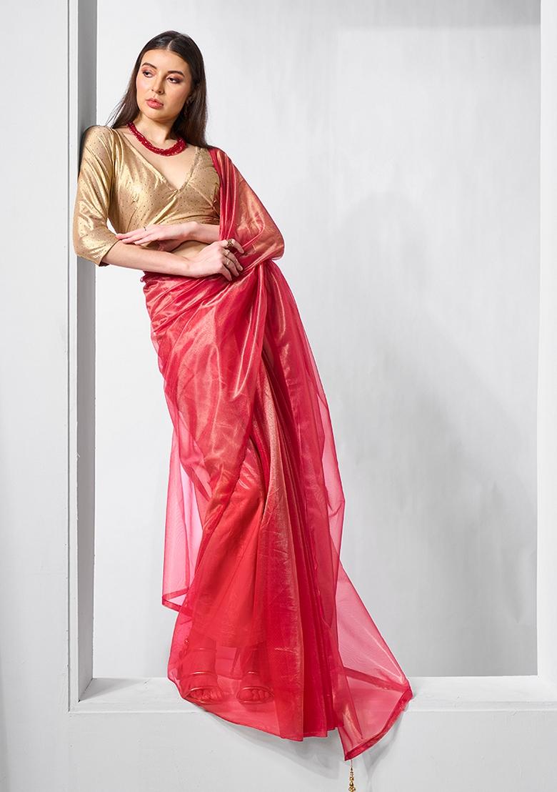 Red Solid Tissue Saree Set