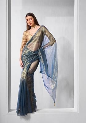 Blue Solid Tissue Saree Set