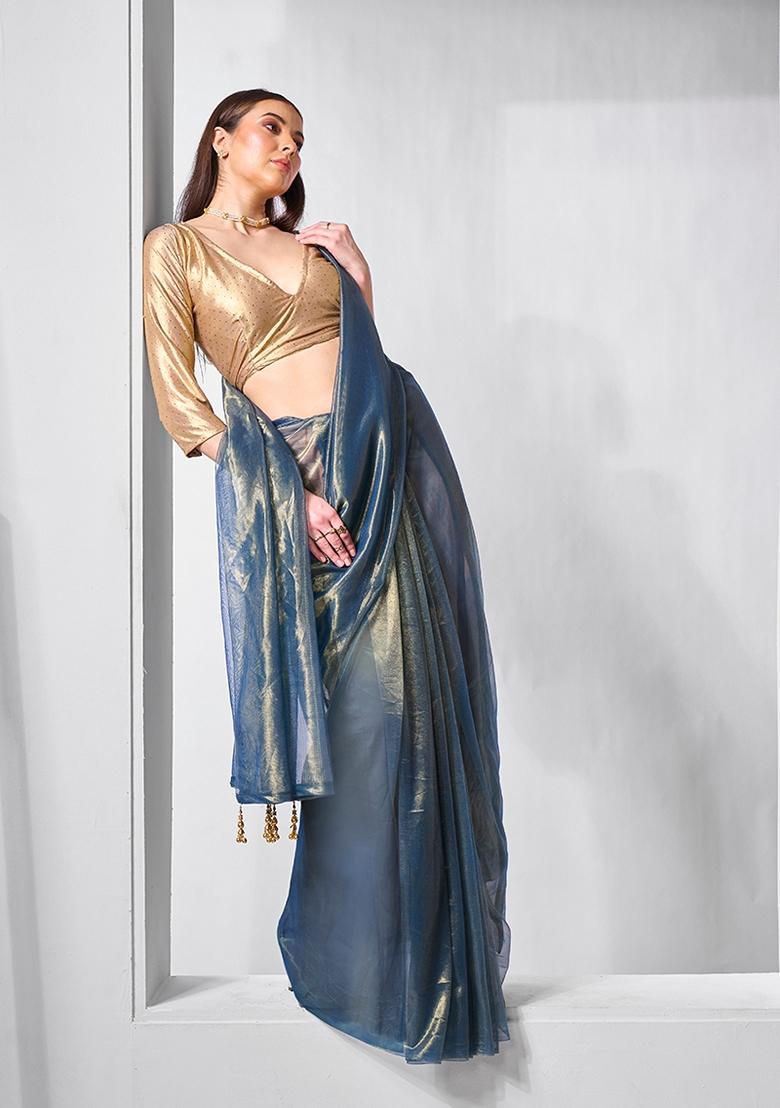 Blue Solid Tissue Saree Set