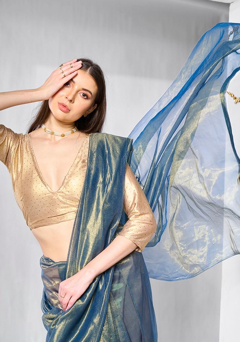 Blue Solid Tissue Saree Set