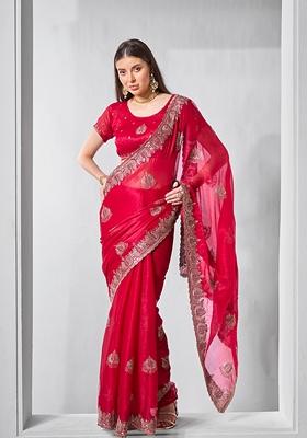 Rani Pink Stone Work Chiffon Saree Set
