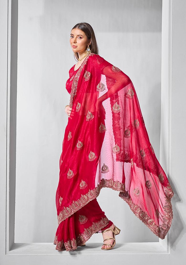 Rani Pink Stone Work Chiffon Saree Set