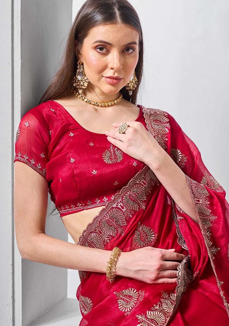 Rani Pink Stone Work Chiffon Saree Set