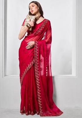 Rani Pink Stone Work Chiffon Saree Set