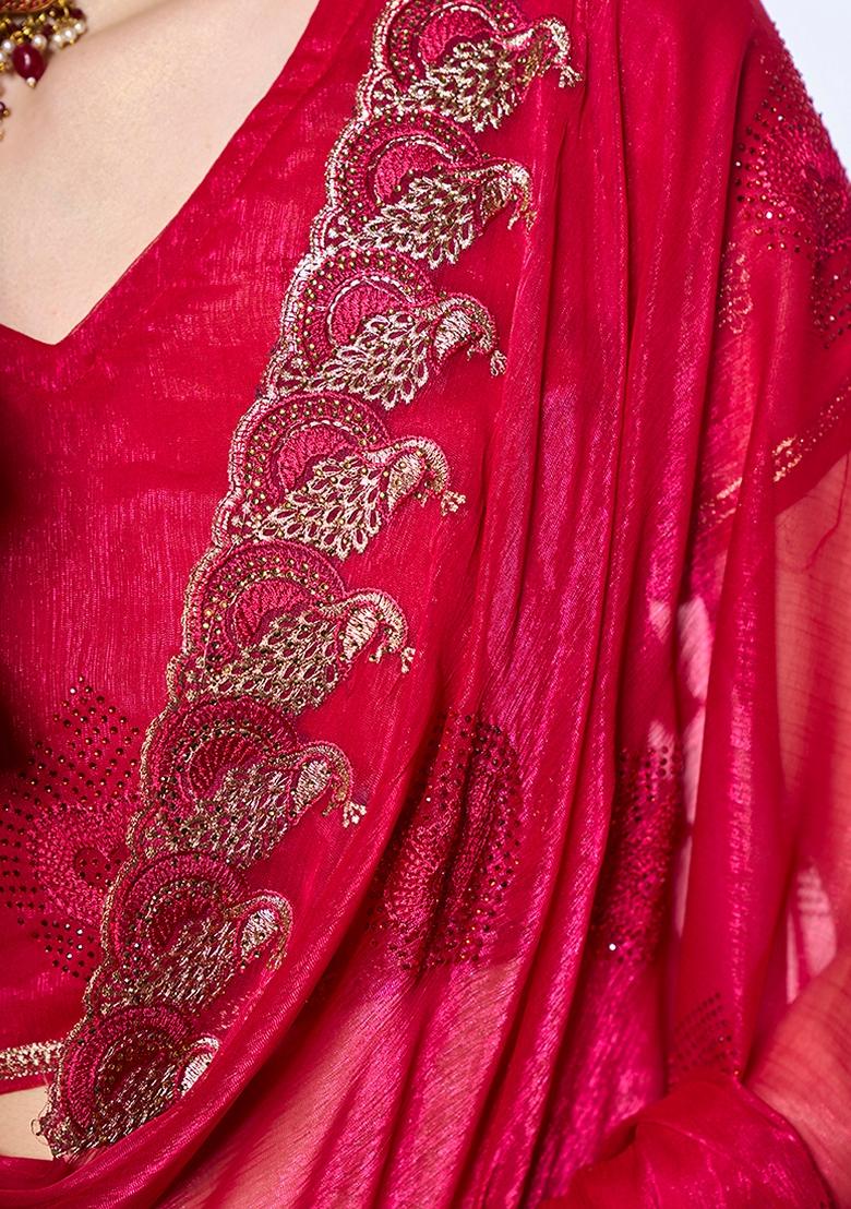 Rani Pink Stone Work Chiffon Saree Set