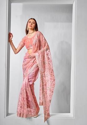 Peach Stone Work Tissue Saree Set