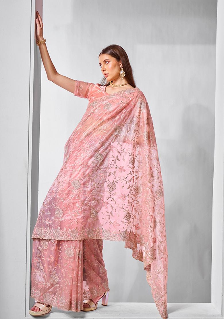 Peach Stone Work Tissue Saree Set