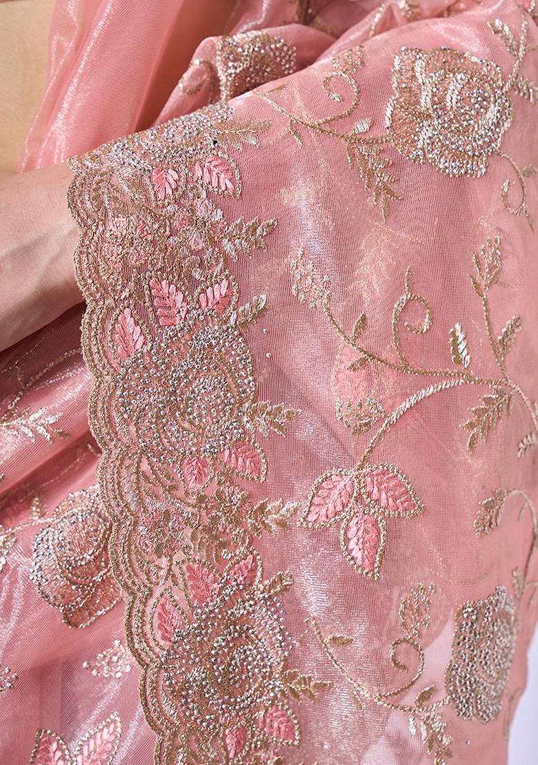 Peach Stone Work Tissue Saree Set