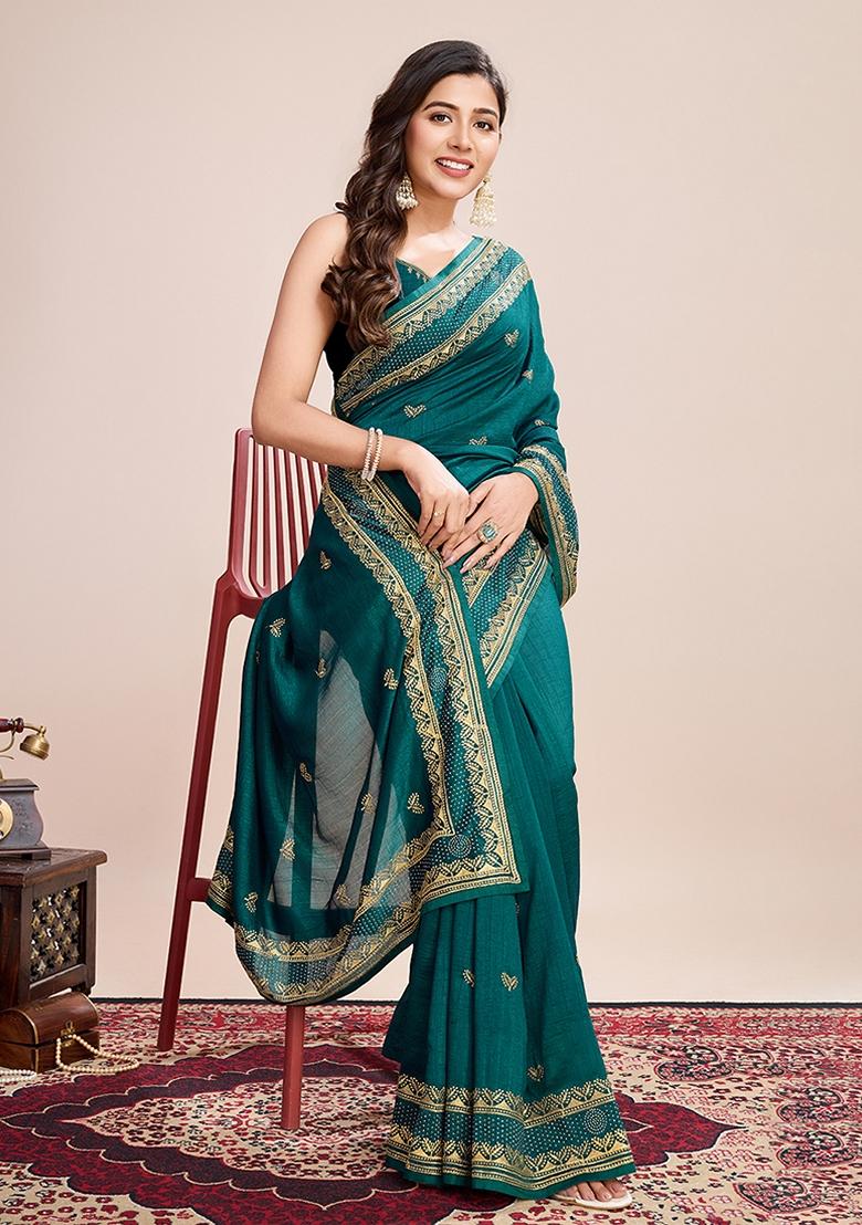Rama Green Zari Work Vichitra Saree Set