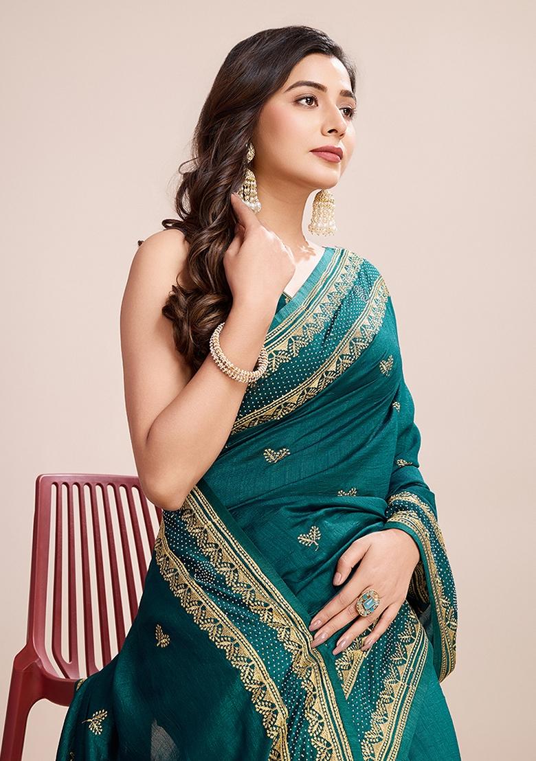 Rama Green Zari Work Vichitra Saree Set