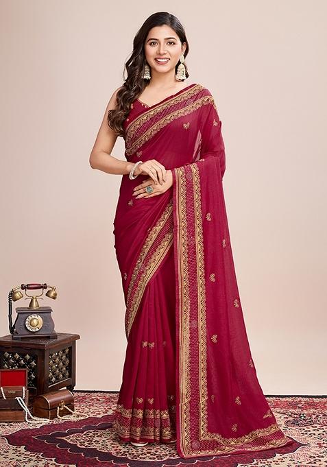 Red Zari Work Vichitra Saree Set
