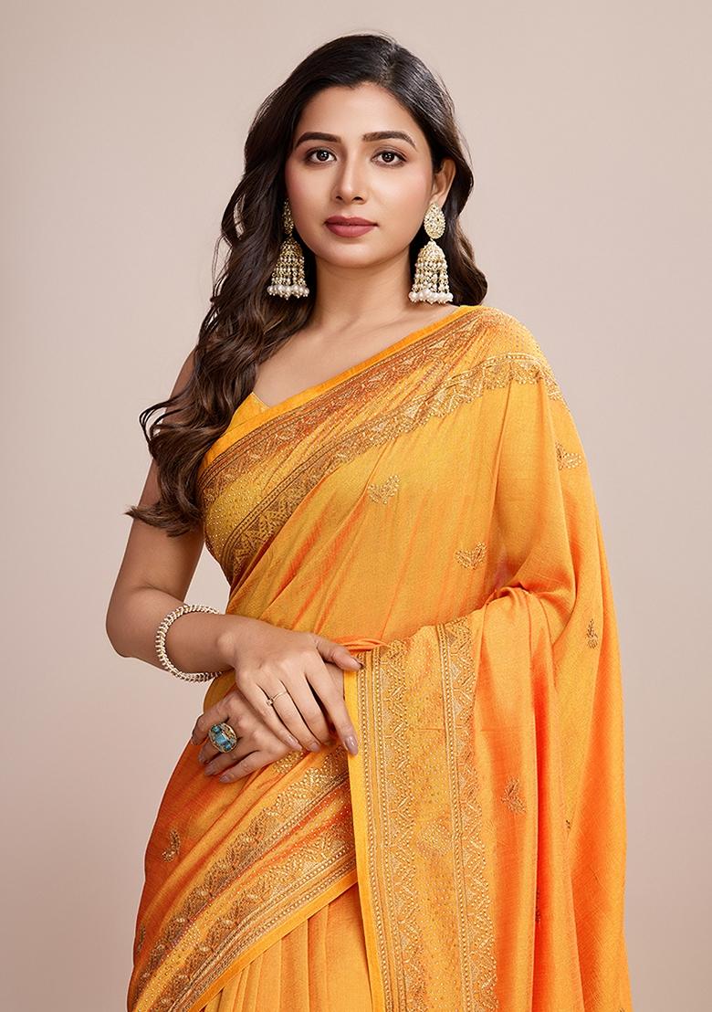 Mustard Yellow Zari Work Vichitra Saree Set