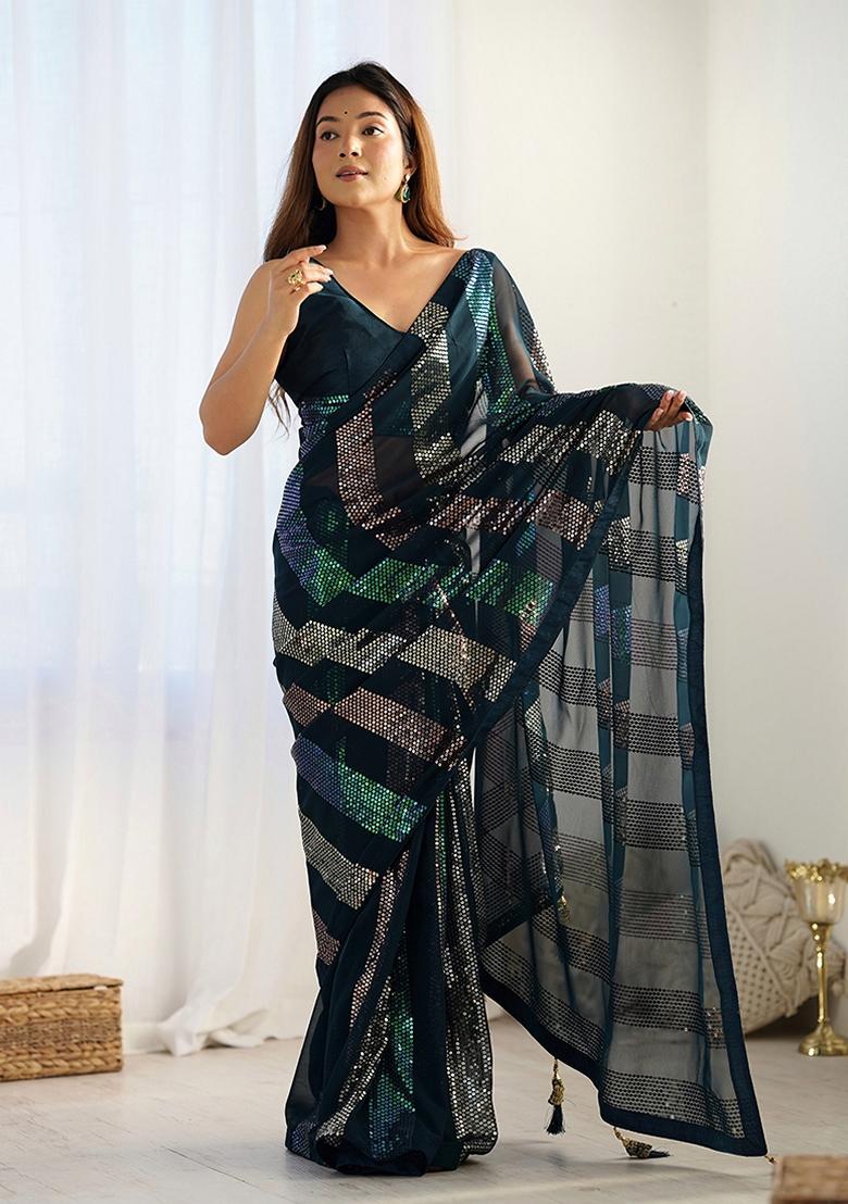 Teal Blue Sequin Embroidered Georgette Saree Set