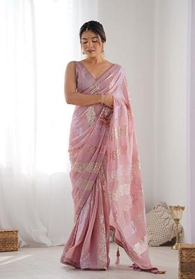 Pink Sequin Embroidered Georgette Saree Set